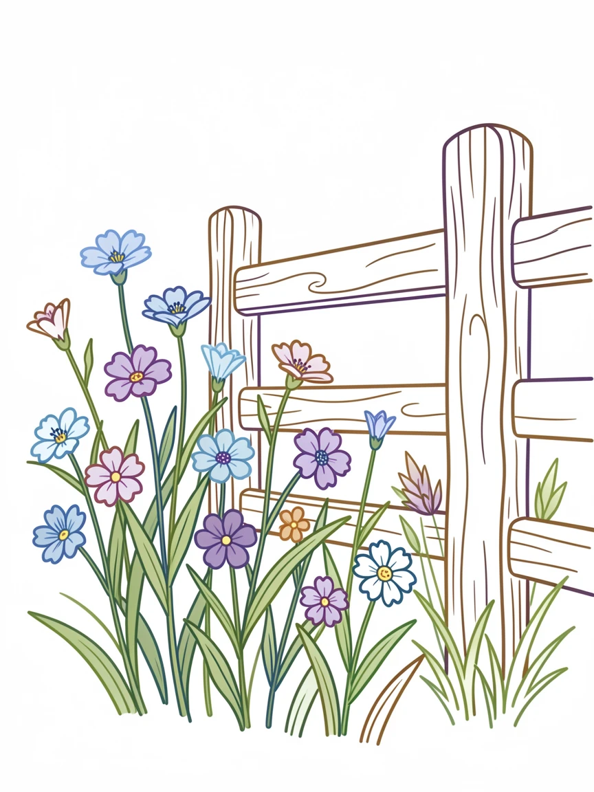 A field of wild cornflowers swaying beside a rustic wooden fence.