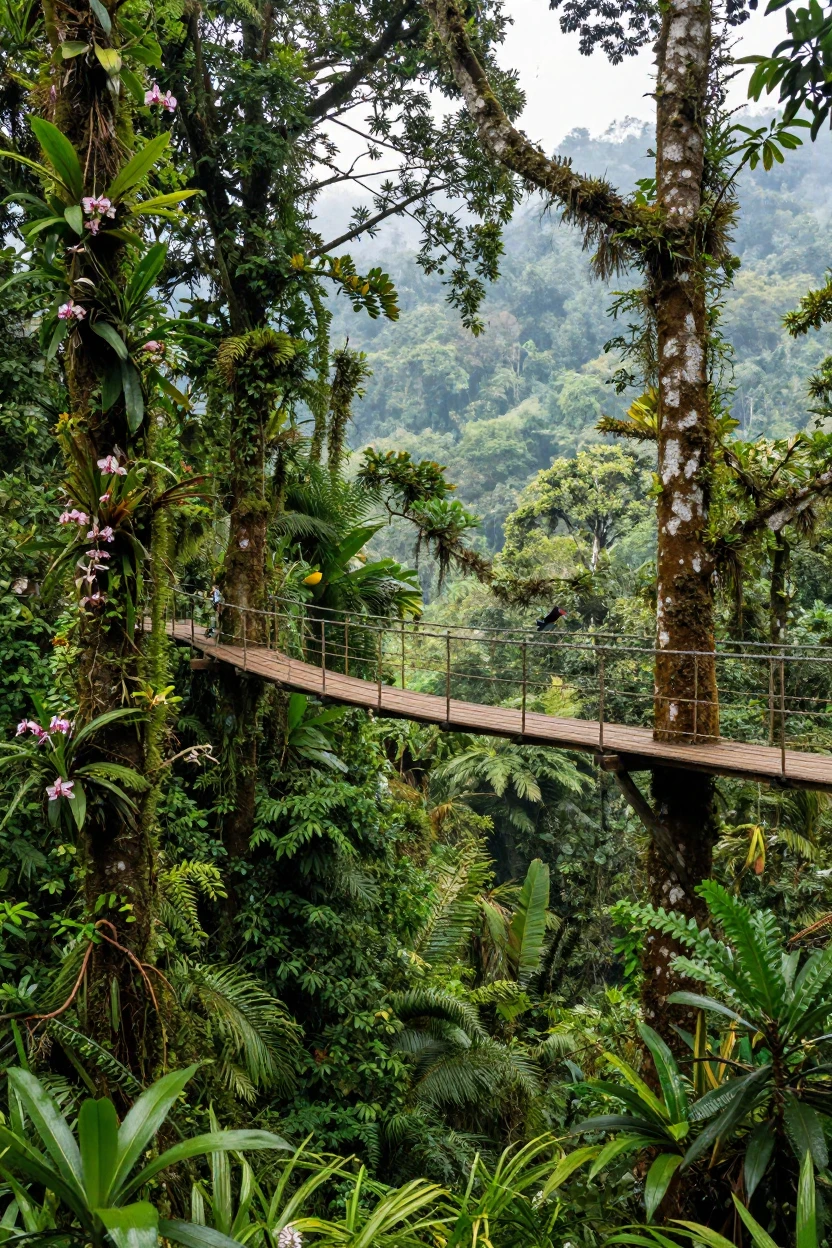 A Malaysian rainforest canopy walk suspended high above the ground