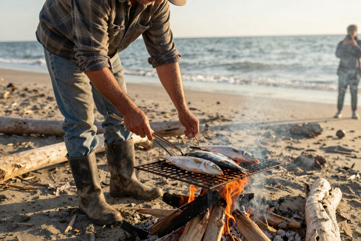 A fisherman grills the day's catch on a driftwood fire right on the beach.