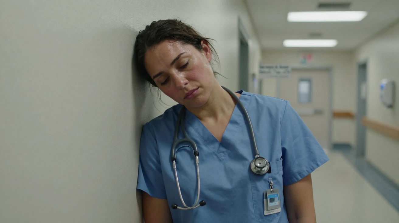 A tired nurse resting her head against a hospital hallway wall after a long shift