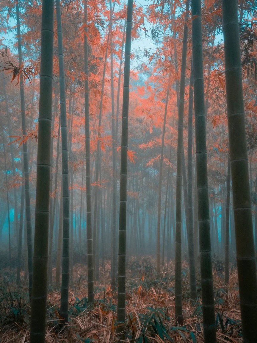 Tall stalks of bamboo swaying gently in a quiet grove, in cool blue twilight, in thick rolling fog, in the mild days of early autumn, in vivid coral and turquoise hues, at eye level, intimate and direct.