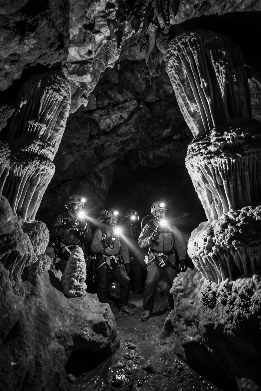 A group of cave explorers shines a light on ancient rock formations within an underground cavern.