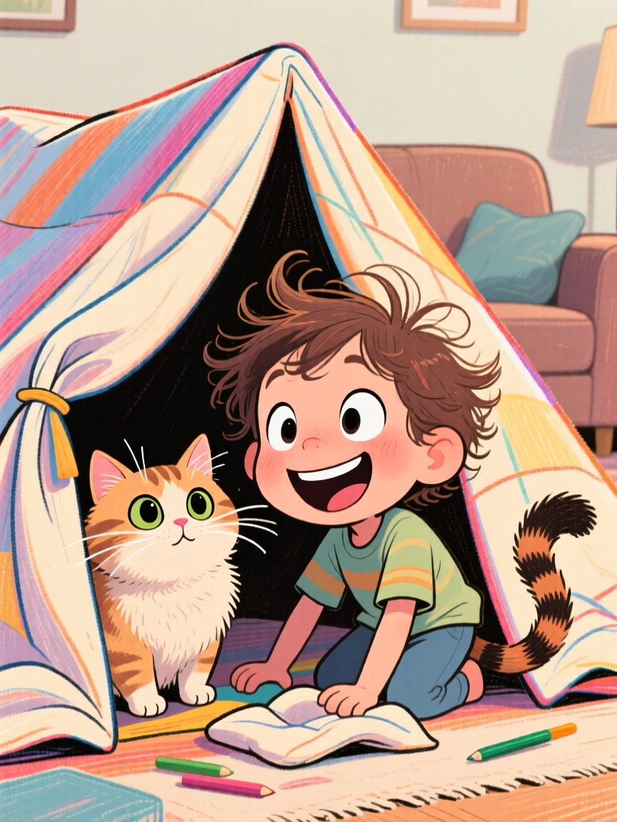 A child building a blanket fort with a cat peeking curiously from inside.