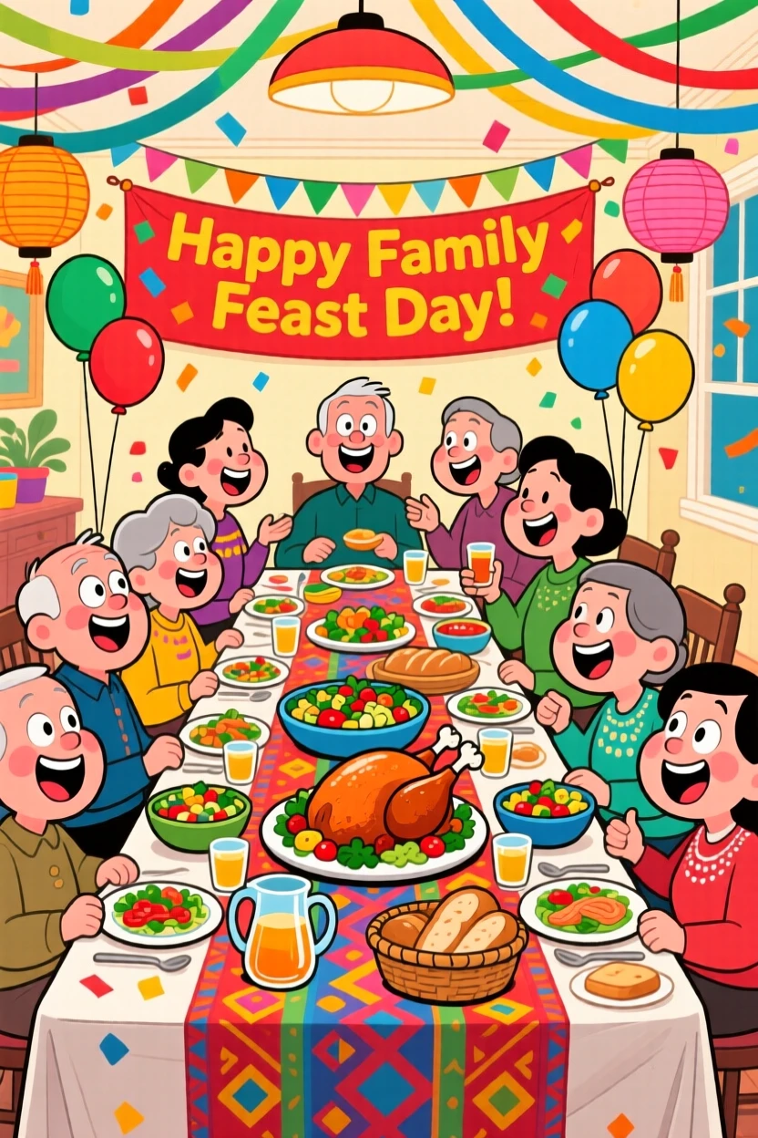 A festive celebration scene of a big extended family sharing a traditional feast at a long decorated table, surrounded by colorful decorations and streamers.