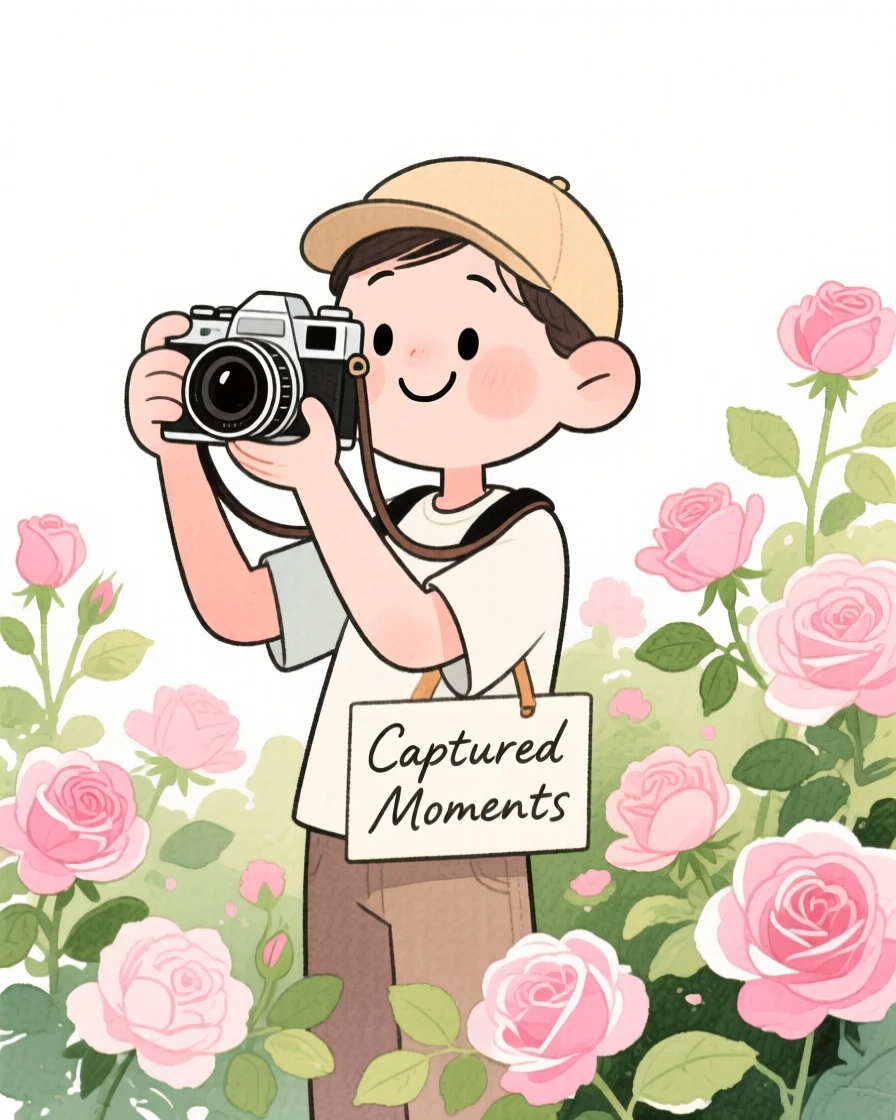A photographer with a vintage camera surrounded by blooming rose bushes