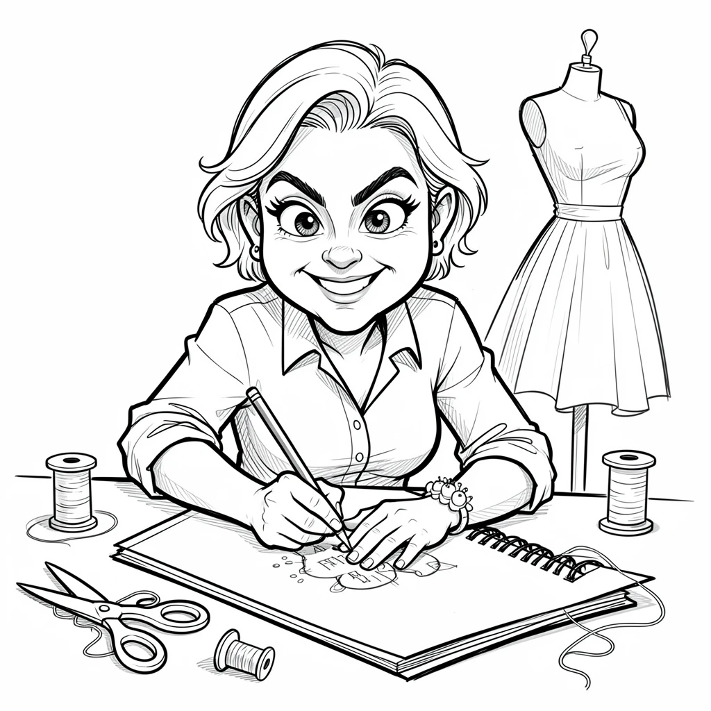 [Occupations & Hobbies] Detailed scene of an enthusiastic seamstress sketching out a new design, showcasing skill and dedication
