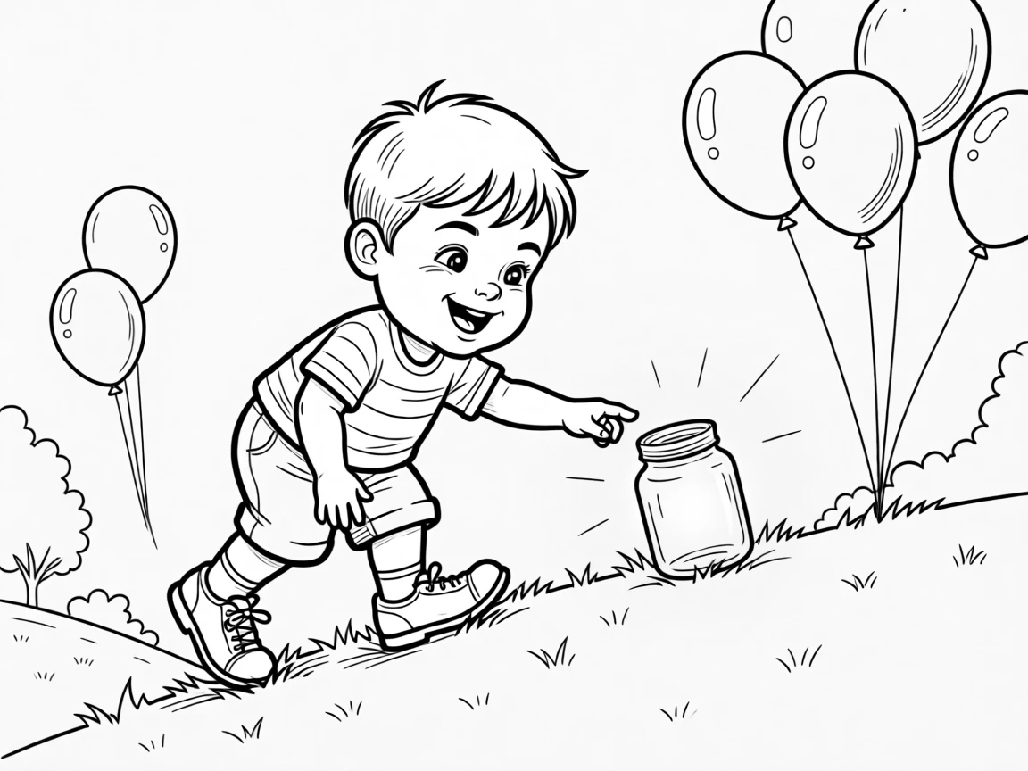 A toddler determined to put shoes on the wrong feet, reaching a tentative finger toward the glowing jar, set on a grassy neighborhood hill. Balloons bob gently in the background. It's a burst of pure, unfiltered childhood joy.
