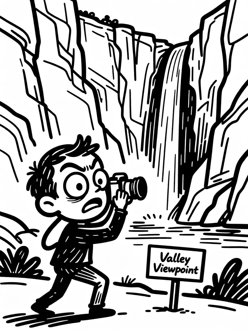 A photographer capturing towering granite cliffs and a plunging waterfall in a famous valley.