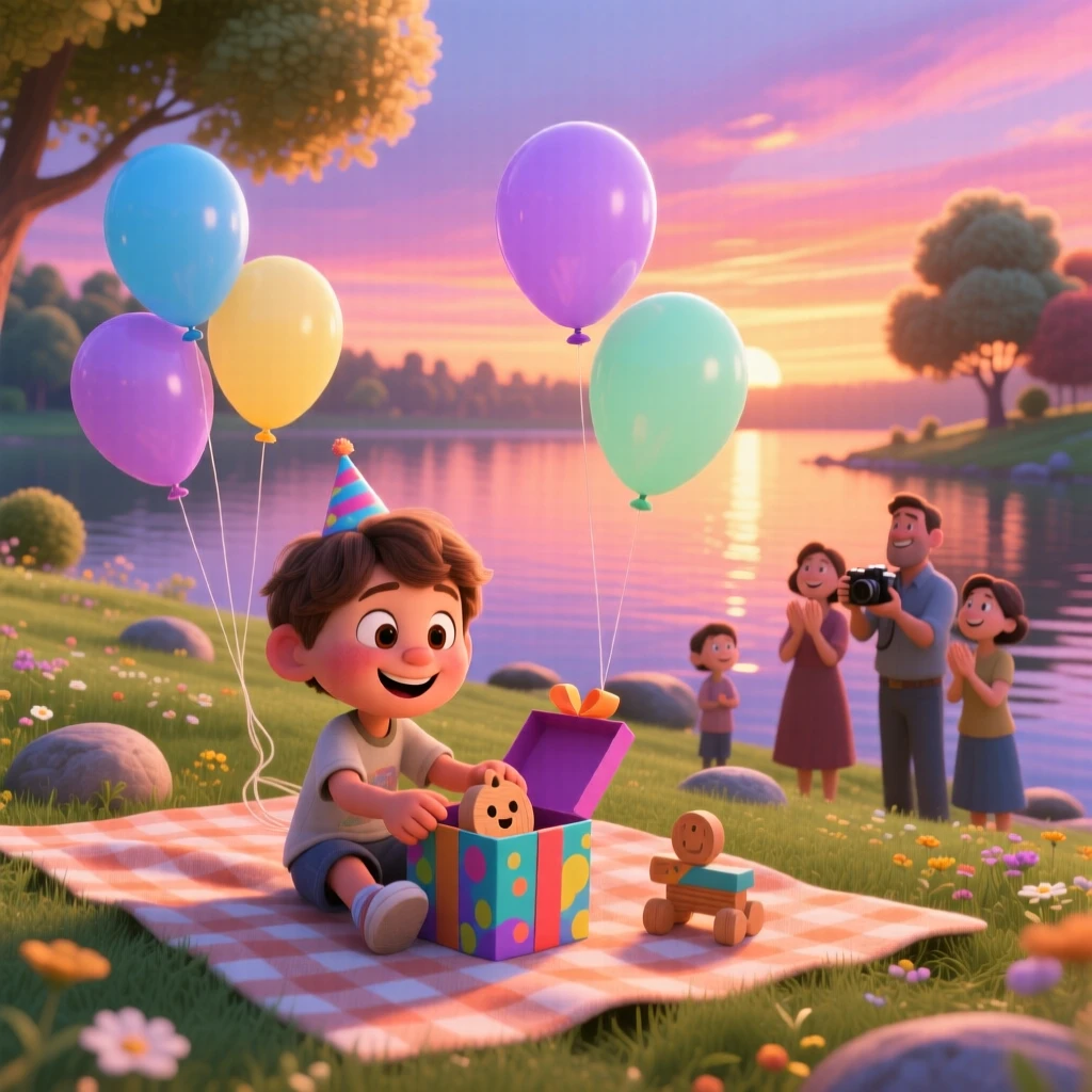 A child receiving a surprise birthday gift unfolds beside a calm lake at sunset, with balloons floating gently upward. A heartfelt sense of happiness fills the moment.