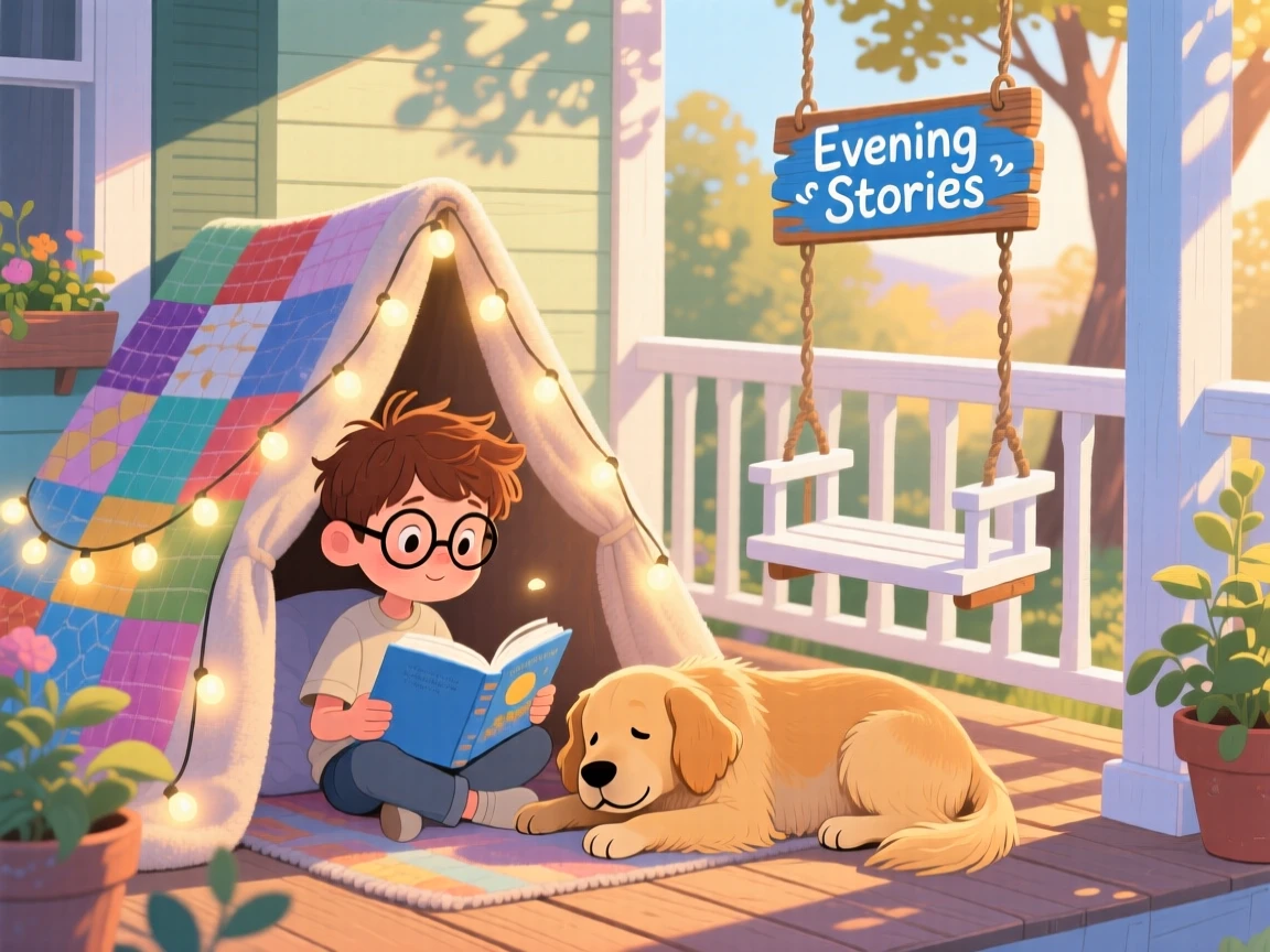 A shy young boy spends the afternoon reading a bedtime story under a blanket fort with a beloved family dog, while the porch swing creaks gently.