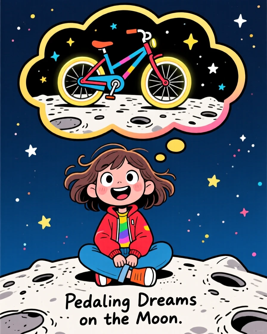A girl imagining a bicycle that pedals across the surface of the moon.