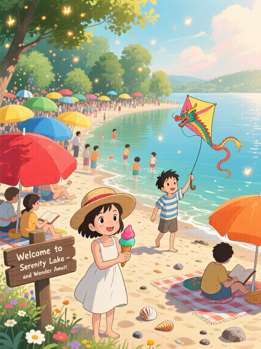 A summer scene of a lakeside beach crowded with colorful umbrellas, with soft light filtering through the atmosphere.