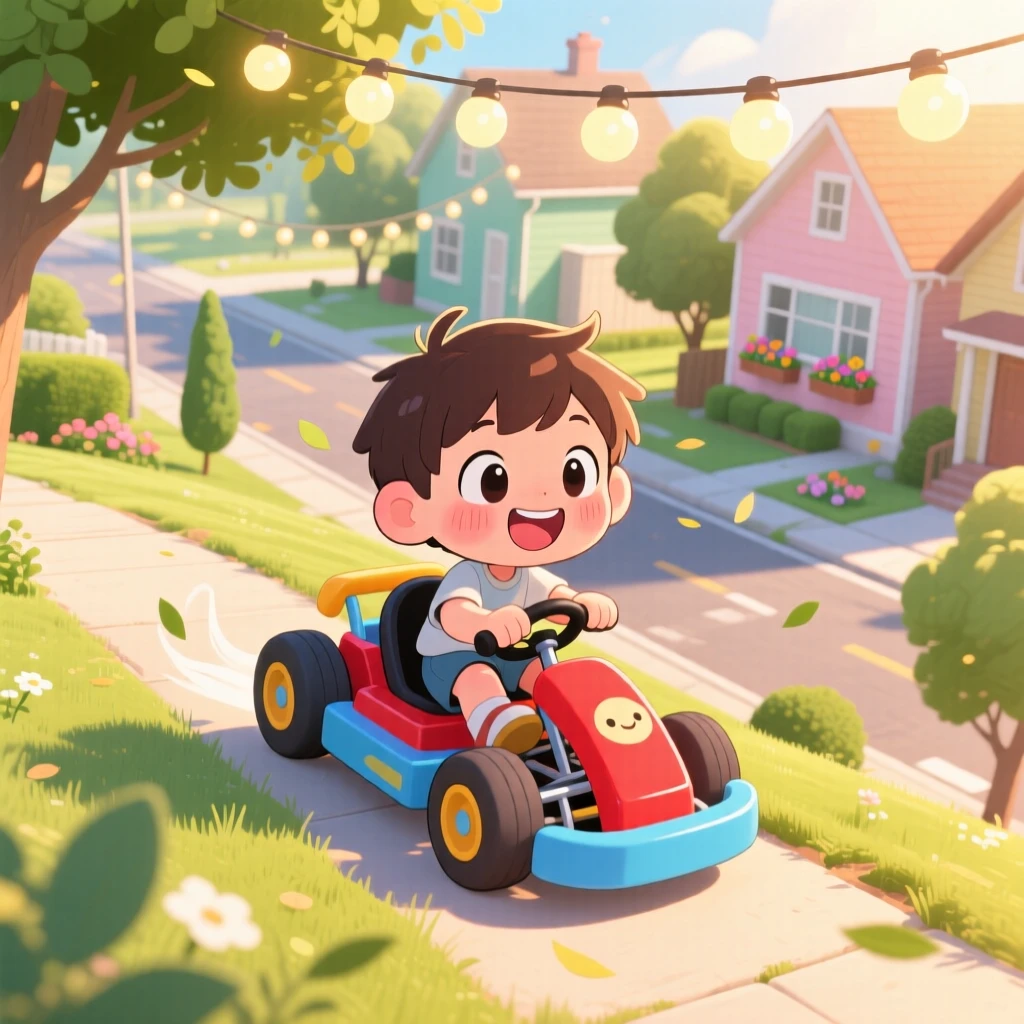 High aerial view: a small boy, pedaling a tiny go-kart down a hill, set against a sunny suburban street during a light summer breeze, with glowing string lights and a mood of warm affection.