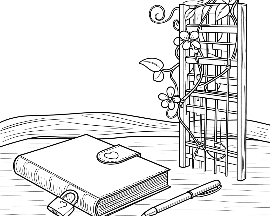A diary with a small lock resting beside a pen, with vines curling around a nearby trellis.