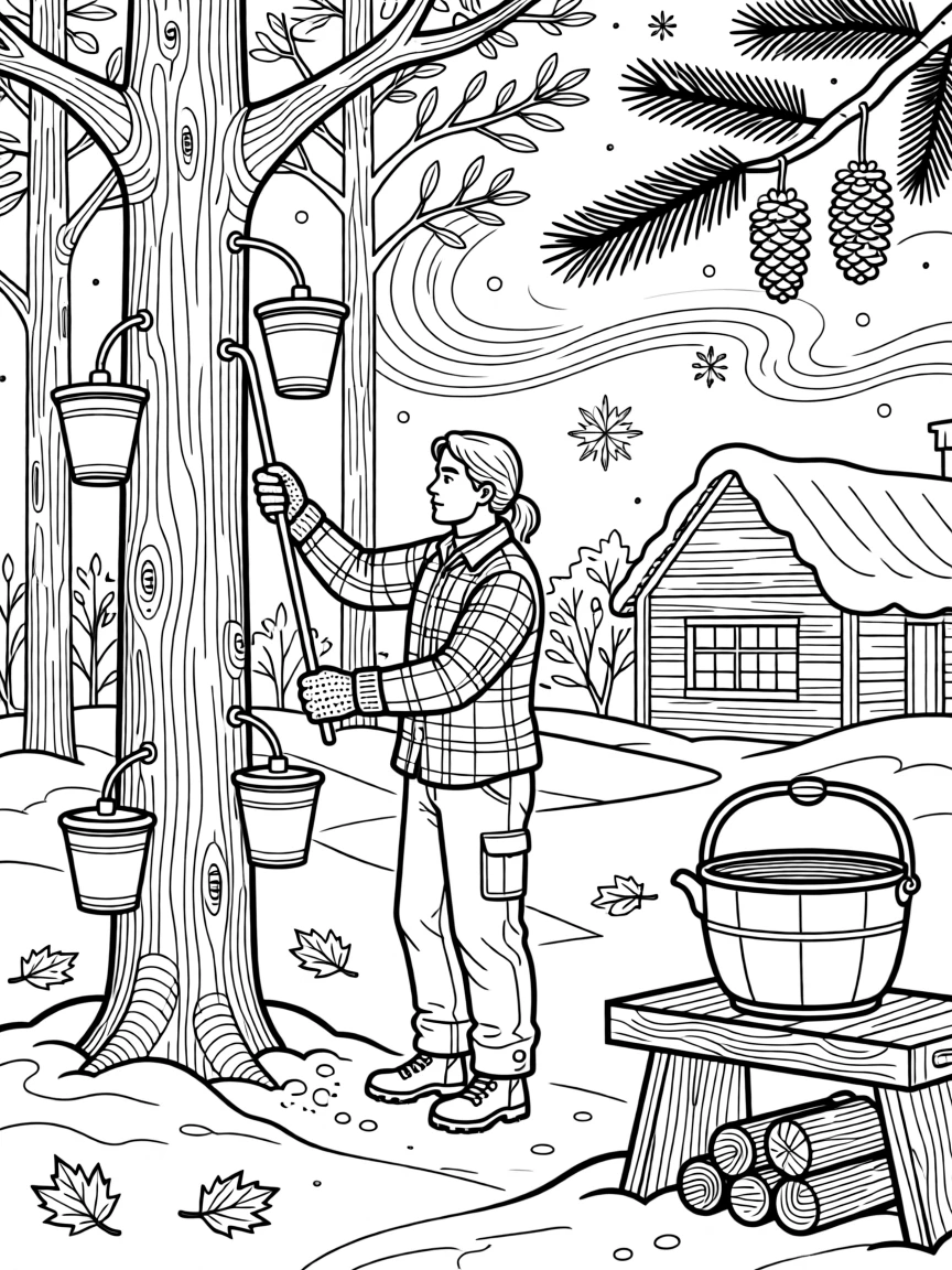 A rustic maple syrup tapping scene in a snowy sugar bush.