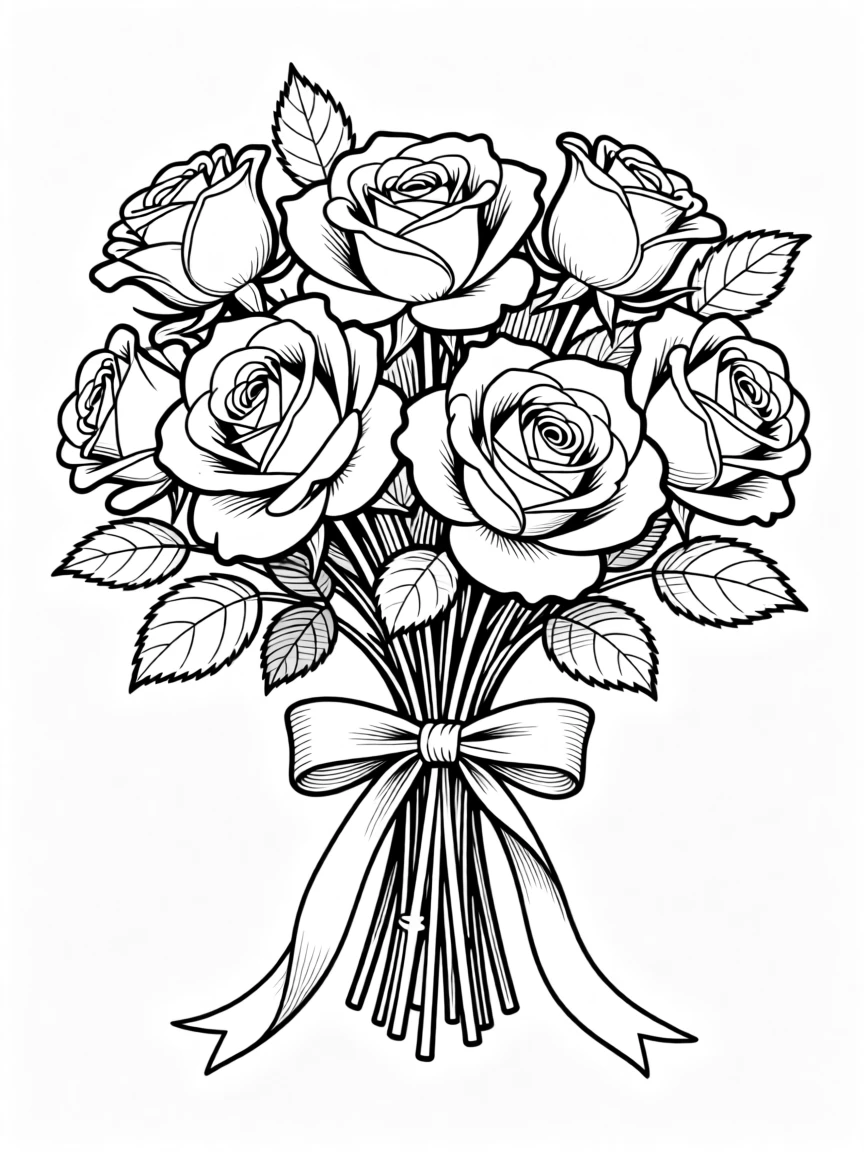An anniversary bouquet of roses tied with a ribbon