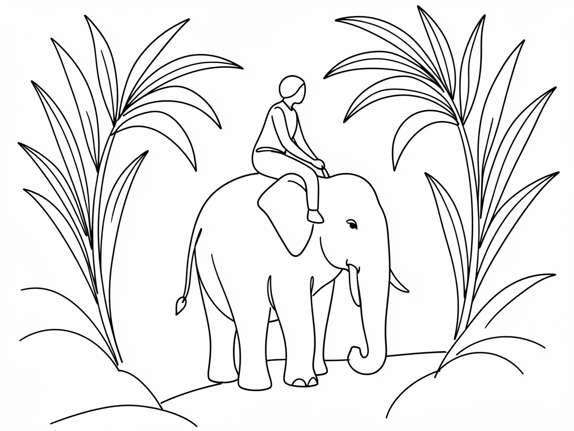 A traveler riding an elephant through a lush tropical forest trail
