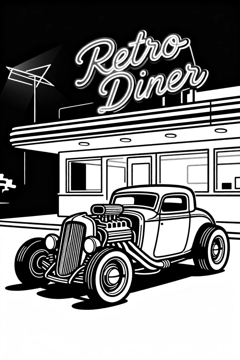 A hot rod parked at a retro drive-in diner under neon lights.