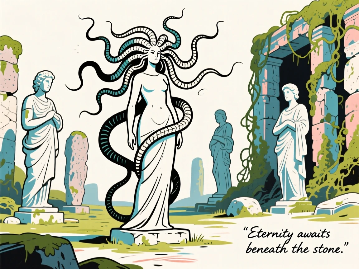 Medusa standing among stone statues in an ancient overgrown ruin.