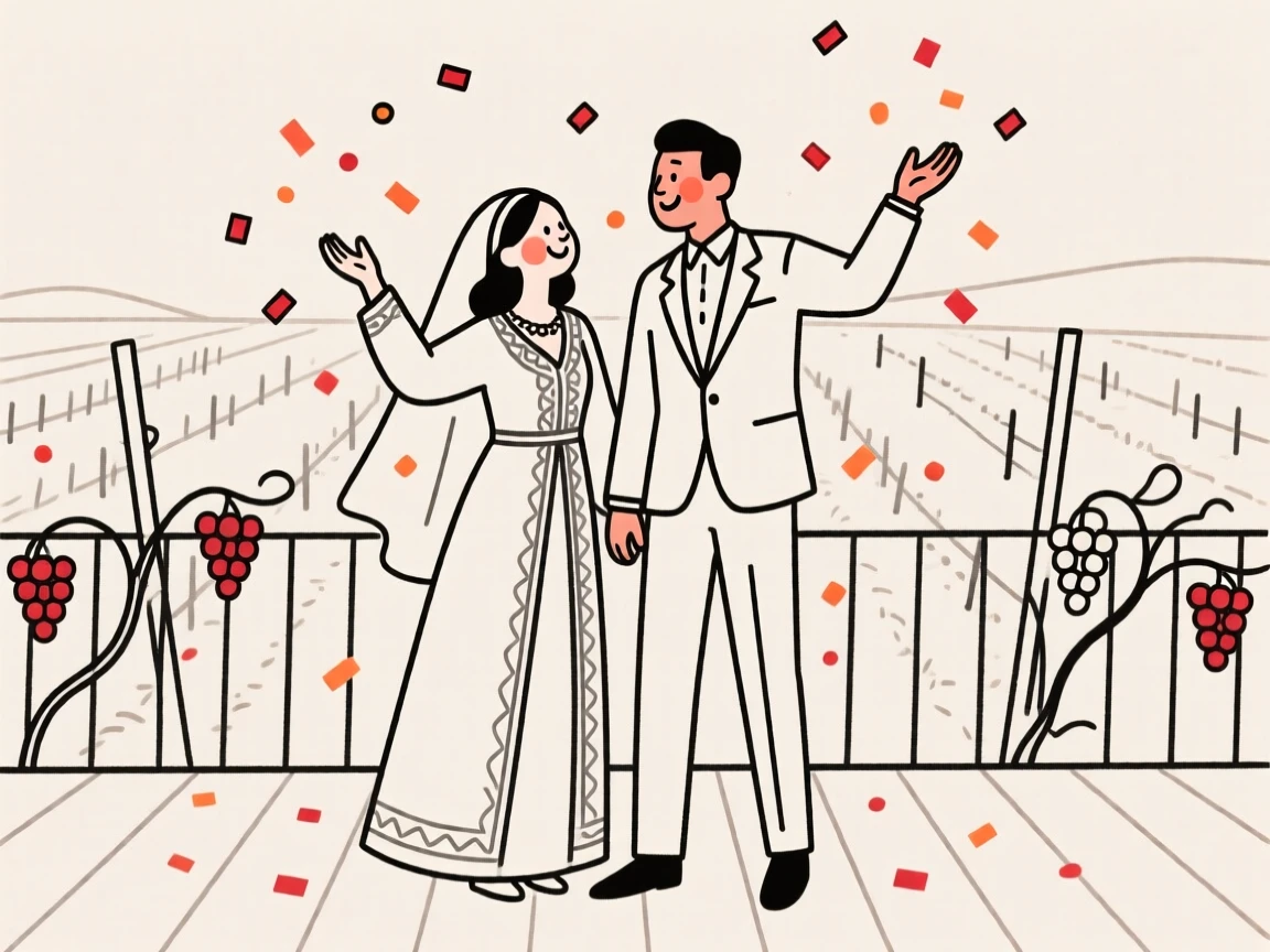 Newlyweds of Moroccan heritage throwing confetti at a New Year's party, on a vineyard terrace.