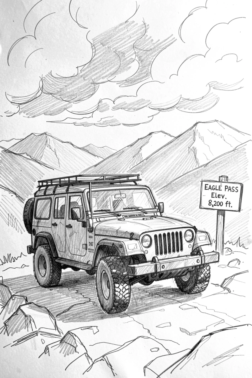 A rugged jeep parked at a mountain overlook, at a scenic mountain pass, with dramatic clouds gathering overhead.