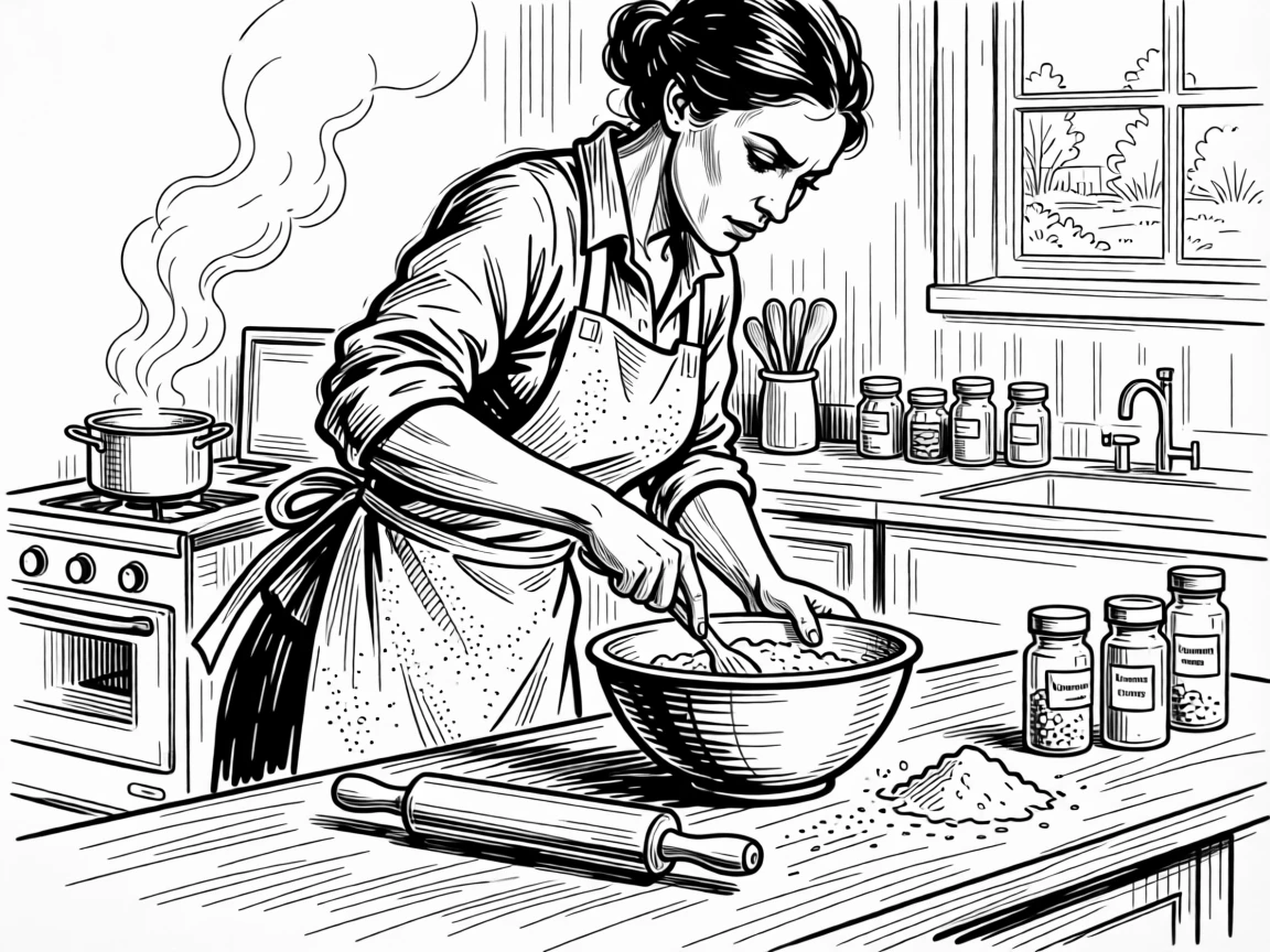 A woman practicing a new recipe in her kitchen, apron dusted with flour.