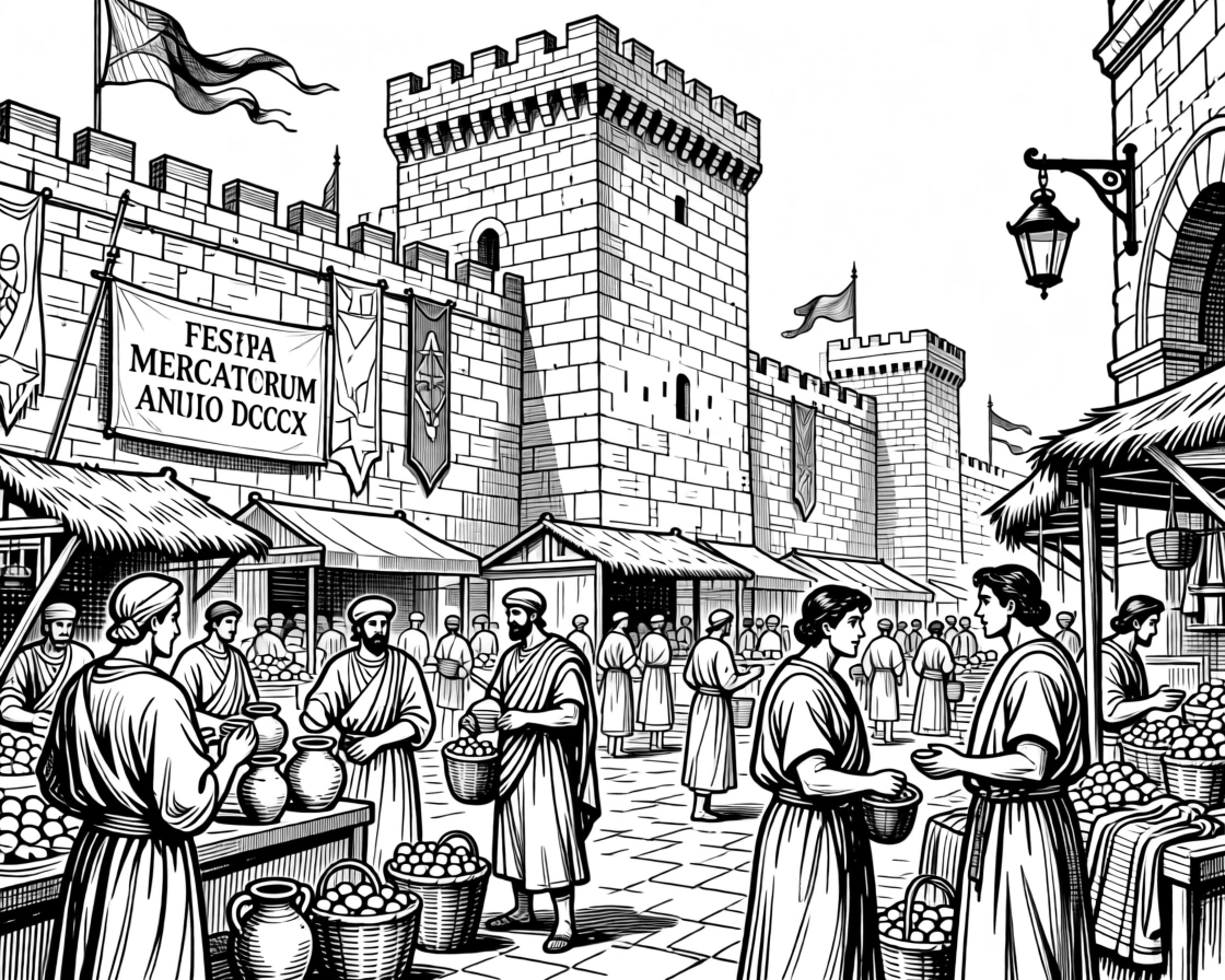 An ancient roman marketplace bustling with traders within the walls of a centuries-old fortress, with banners and flags marking the occasion, portrayed in a solemn and dignified historical scene.