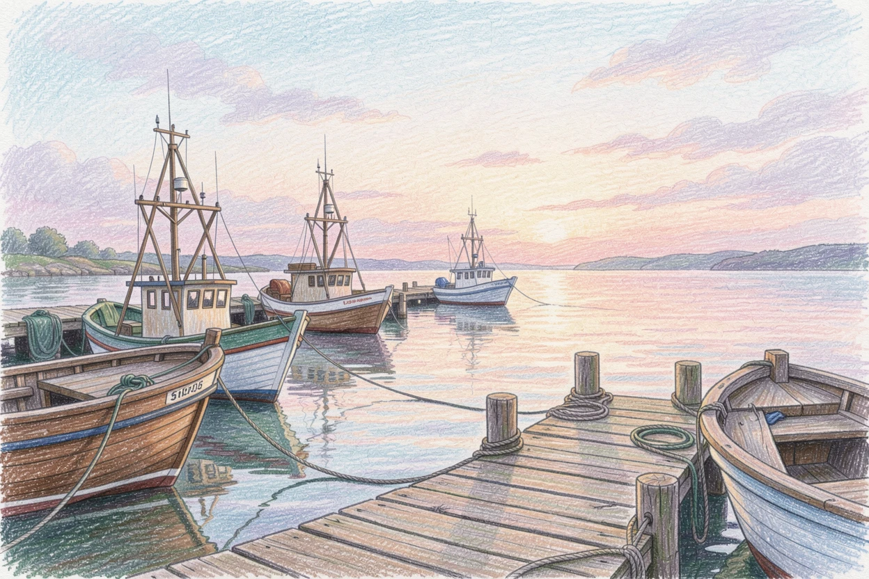 A quiet harbor at dawn with fishing boats reflected in still water, with a gentle play of light and shadow across the composition, perfect for anyone drawn to gentle, heartfelt imagery.