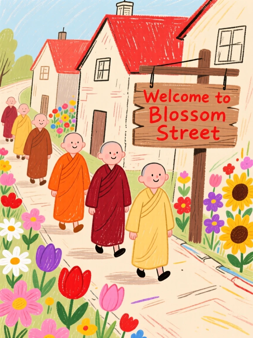 A group of monks walking through a flower decorated street.