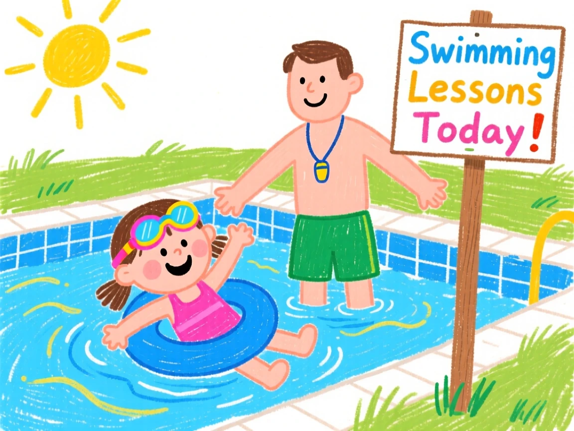 A girl learning to swim with the help of a patient instructor.