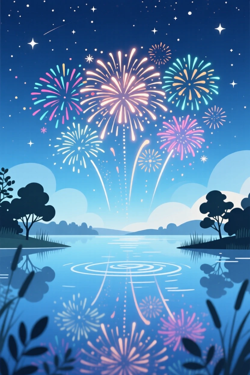 A sparkling summer fireworks display over a calm lake, set against a crisp, clear seasonal sky, framed with soft atmospheric depth fitting the season, with a fresh, crisp atmosphere throughout.