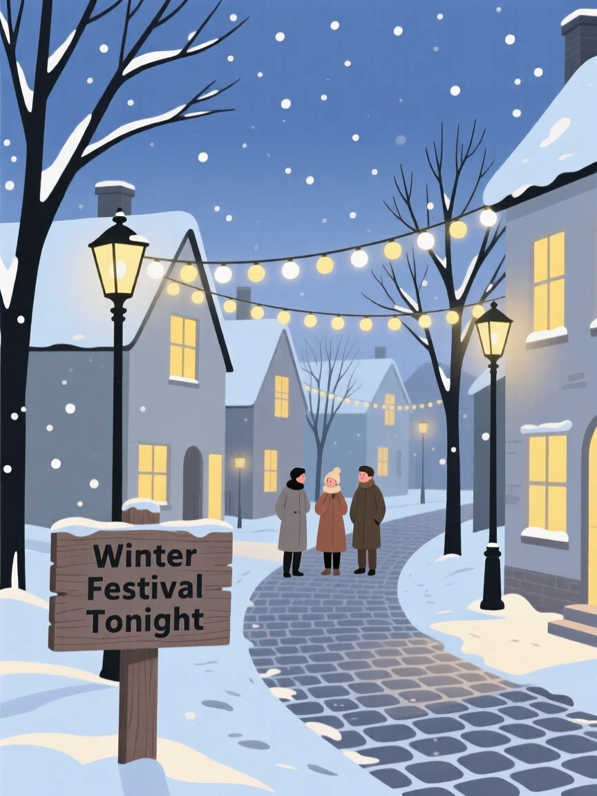 A winter celebration with glowing lights filling a village street.