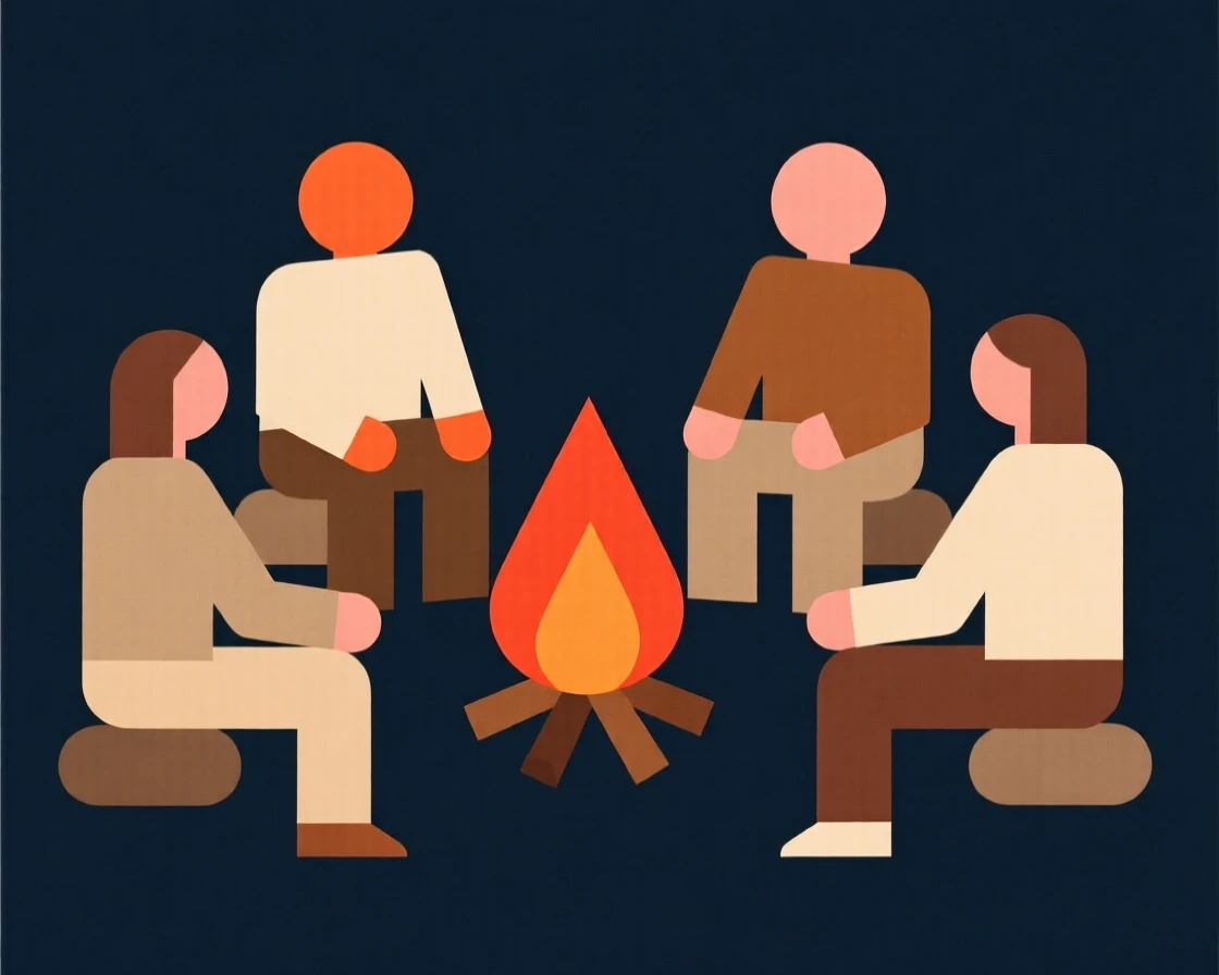 A group of people gathered around a bonfire for a celebration