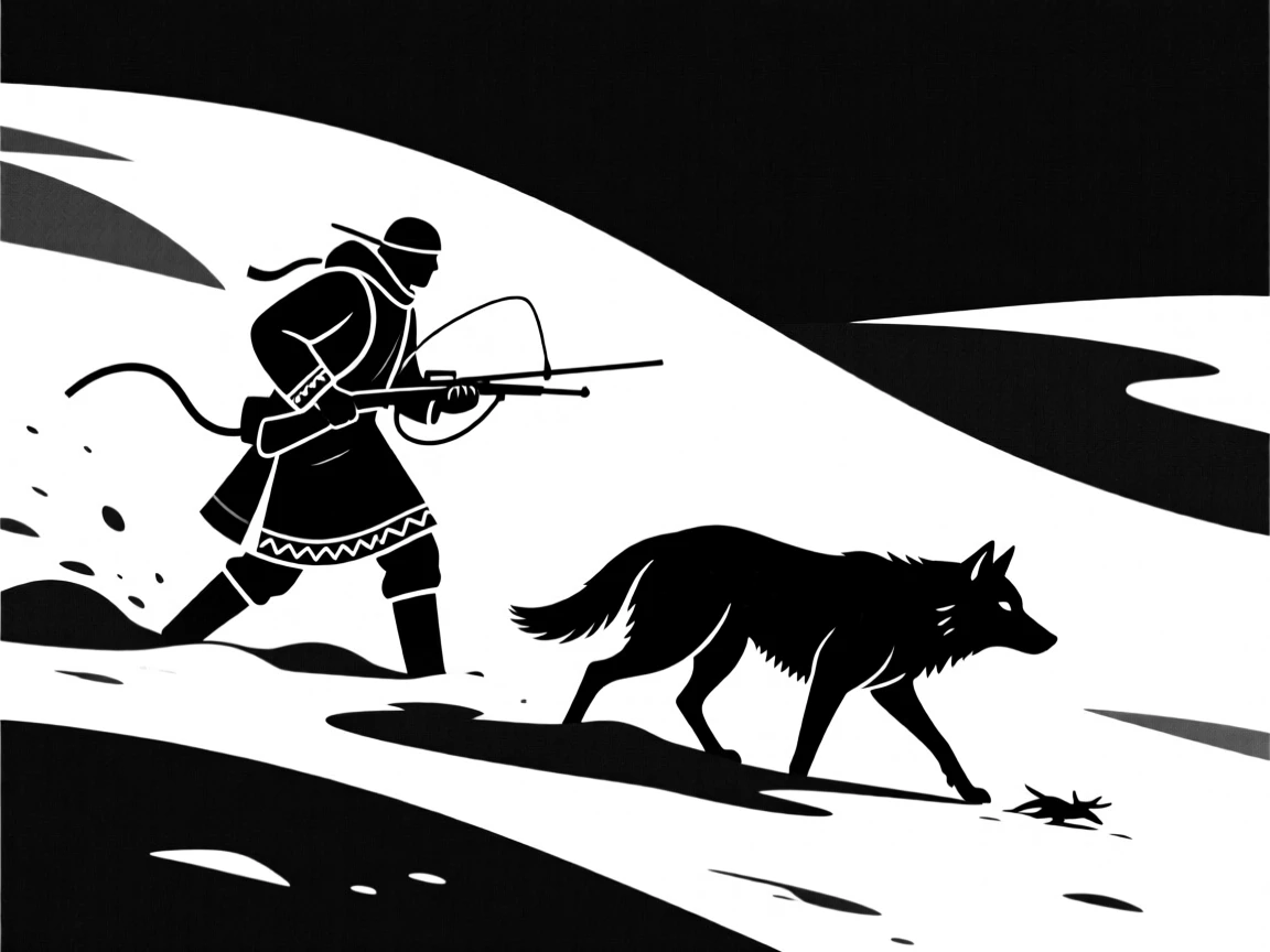 A lone wolf hunter tracking prey through deep snow.