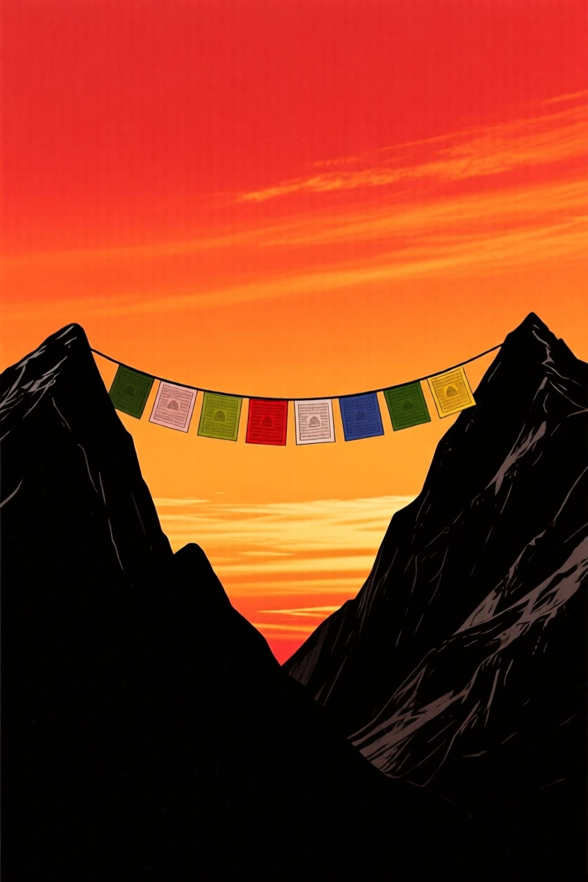 A row of colorful prayer flags strung between mountain peaks.