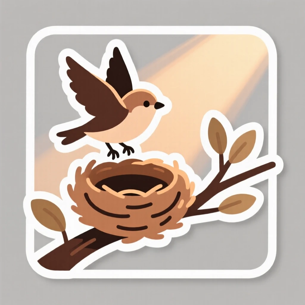 A warmly encouraging scene of a tiny bird taking its first flight from the nest, with light breaking gently through the scene, symbolizing quiet strength and resilience.