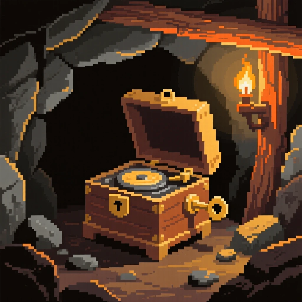 A music box that plays on its own found deep within an abandoned mine, within a cave lit by torchlight.