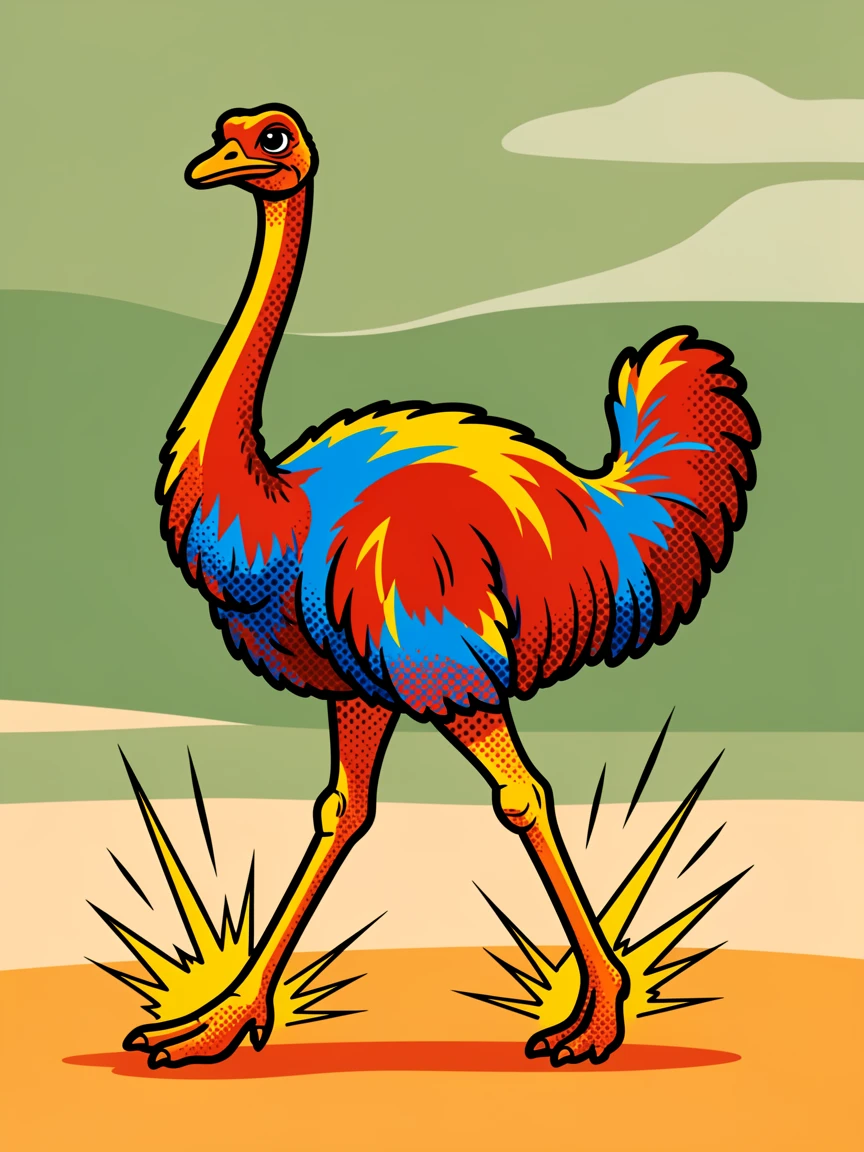 An ostrich striding across an open savanna