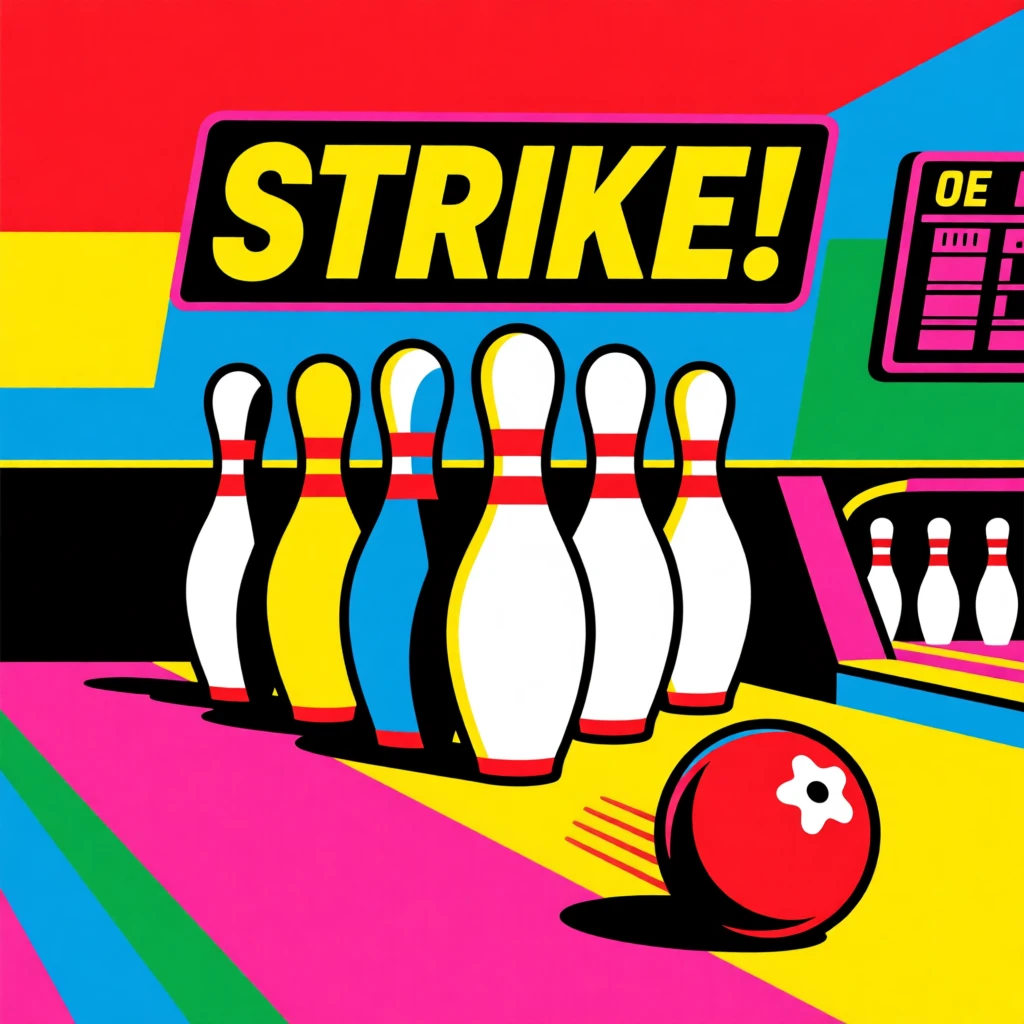 Retro bowling pins set up for a strike