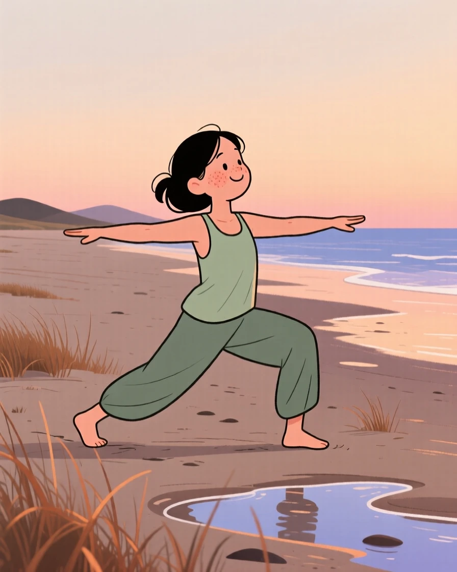 A young woman practices gentle yoga stretches on a quiet beach at low tide at dusk, breathing slowly as rustling grass surrounds them.
