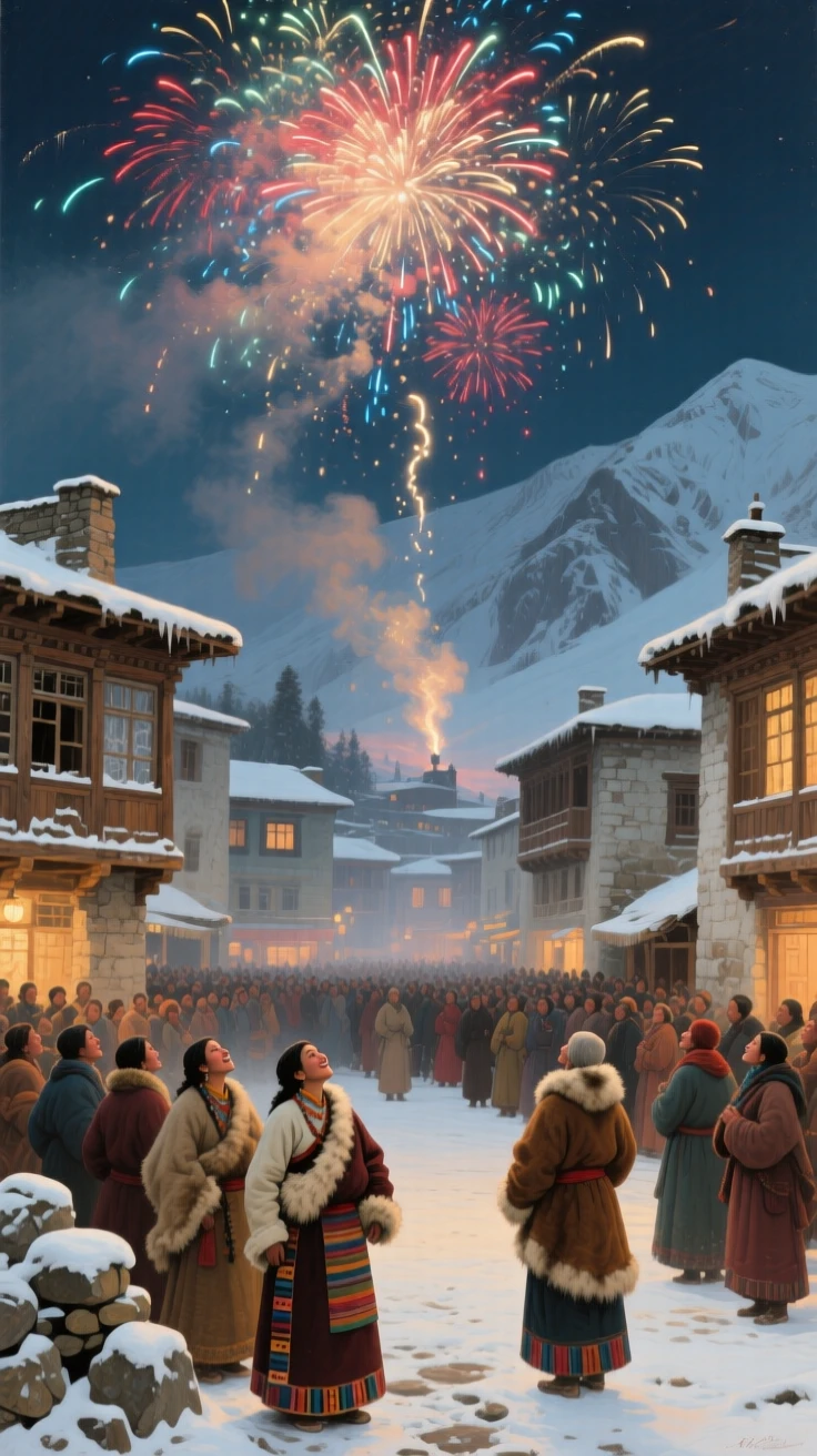 A medium shot of fireworks bursting above a crowded town square during a celebration, in the quiet stillness of midwinter, in the Himalayas.