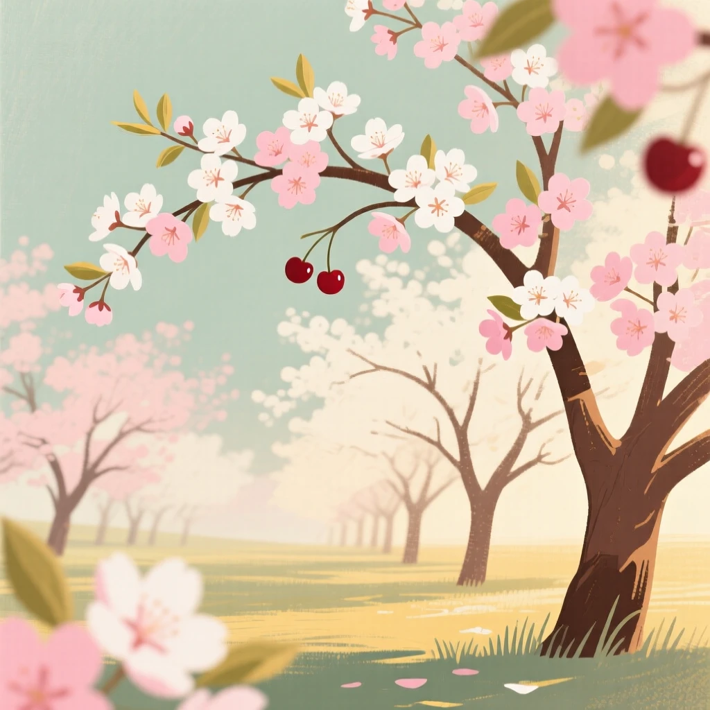 A cherry orchard bursting into pink and white spring blossom