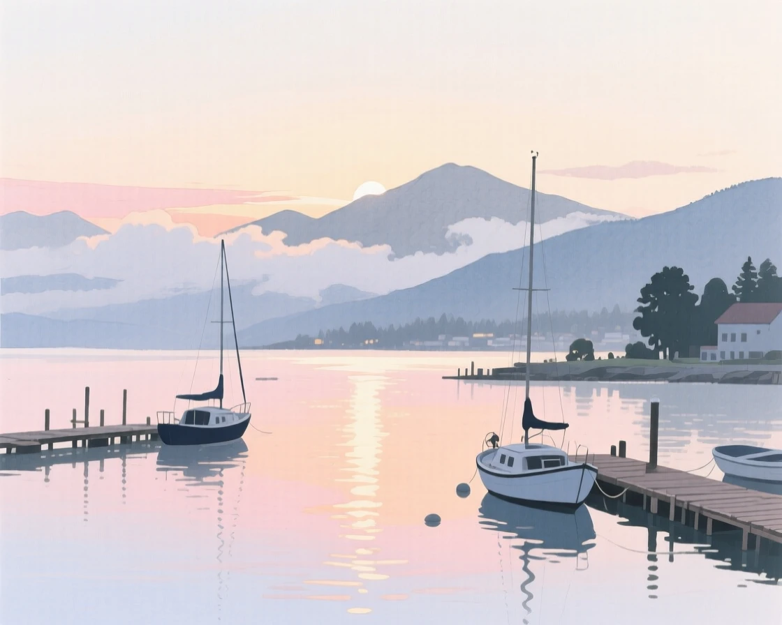 A serene view of a calm harbor at dawn, as clouds part to reveal distant peaks, evoking calm and quiet reflection