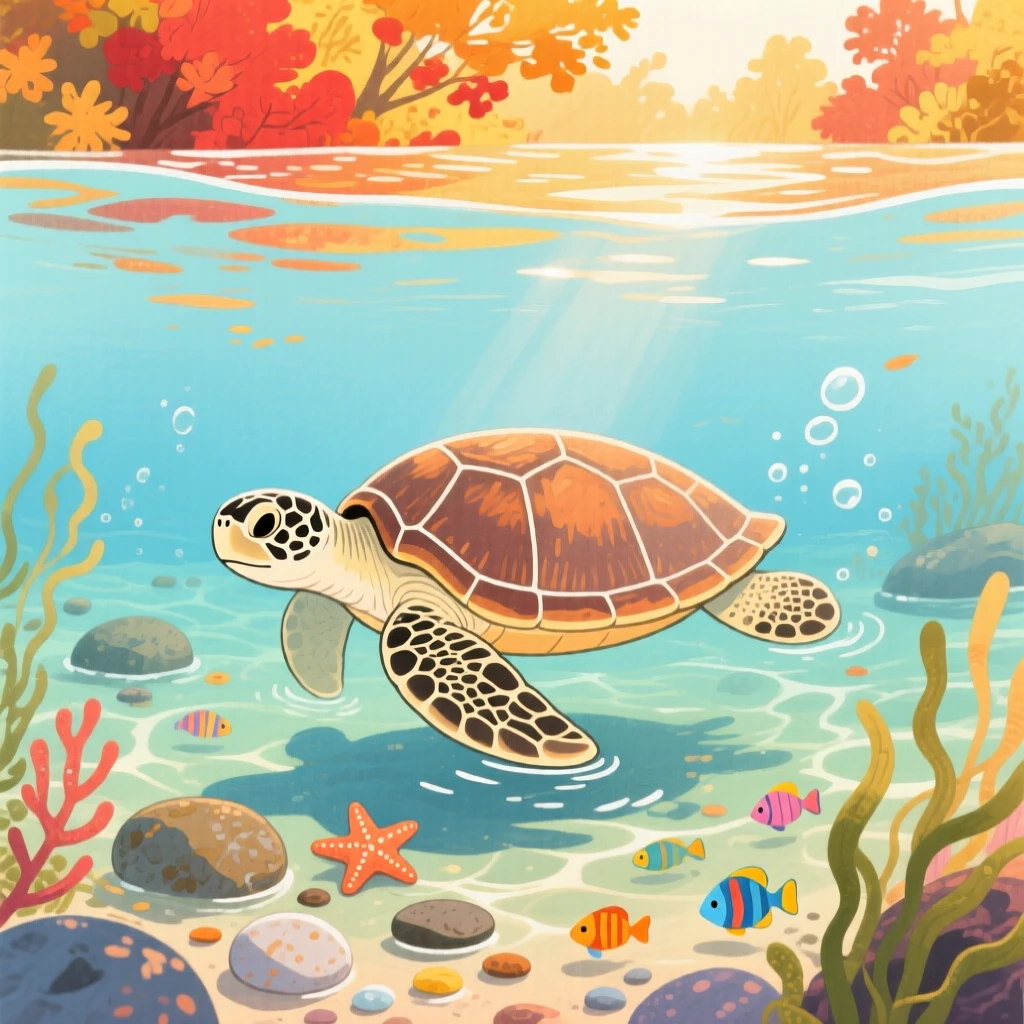 A sea turtle gliding underwater discovering something new in a shallow tide pool on a crisp autumn afternoon.