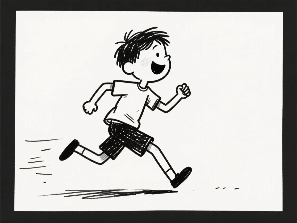 Content: a boy running. Art style: A playful, minimalist hand-drawn doodle style brush-pen sketching on a clean white background.
