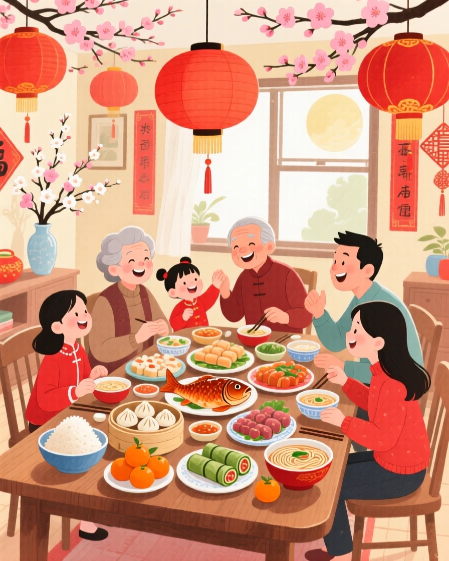 A family gathered for a Lunar New Year feast, in a home decorated with red lanterns and blossoms, with a table piled high with festive treats, evoking prosperity, warmth, and family unity.