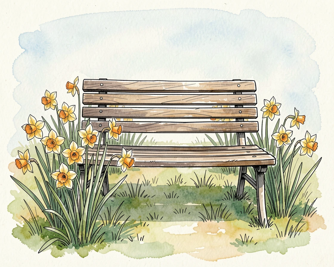 A spring meadow bursting with daffodils around a quiet garden bench, soft light and seasonal color bringing the moment to life.
