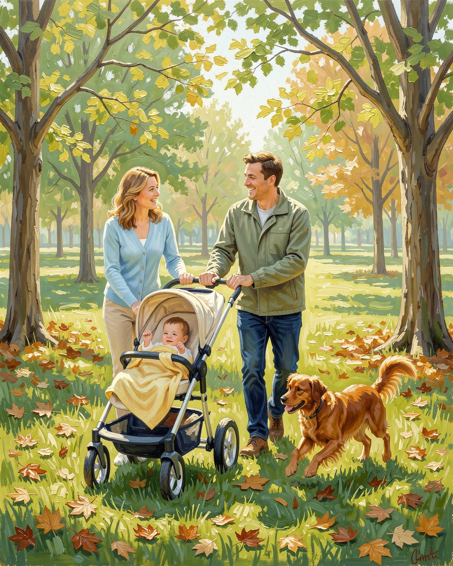 Parents pushing a stroller through a sunlit park, in a park scattered with fallen autumn leaves, a dog bounding happily alongside them, on a bright, cheerful spring morning.