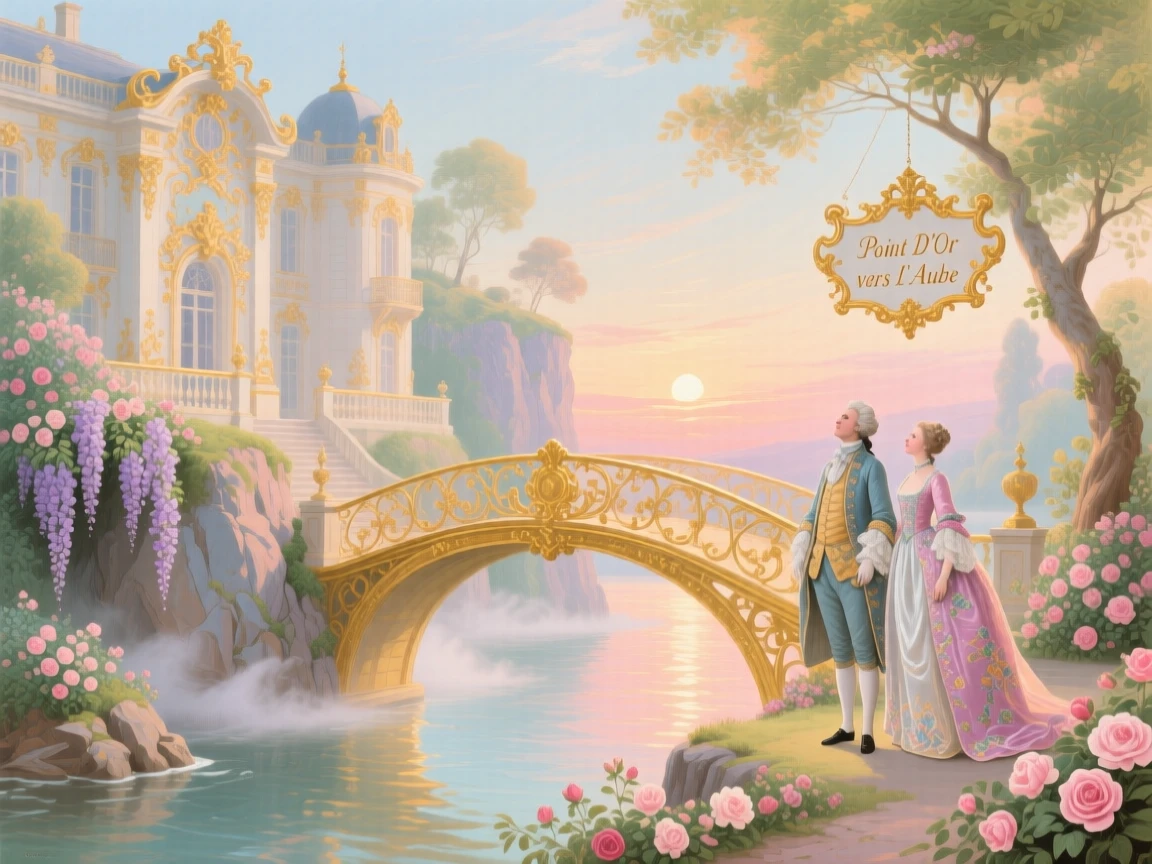A golden bridge leading from a cliffside palace into the sunrise  