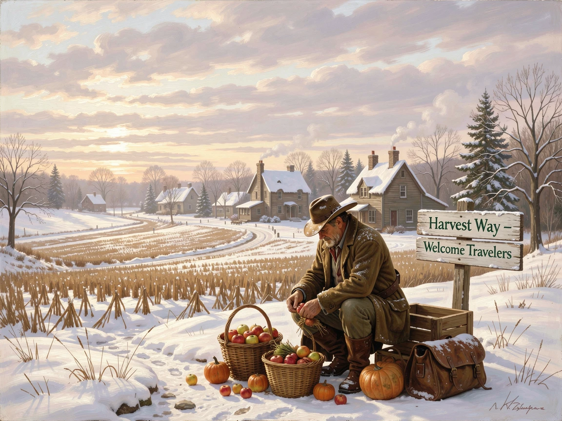 A traveling merchant gathers the harvest near a village nestled among rolling farmland beneath a blanket of fresh snow.